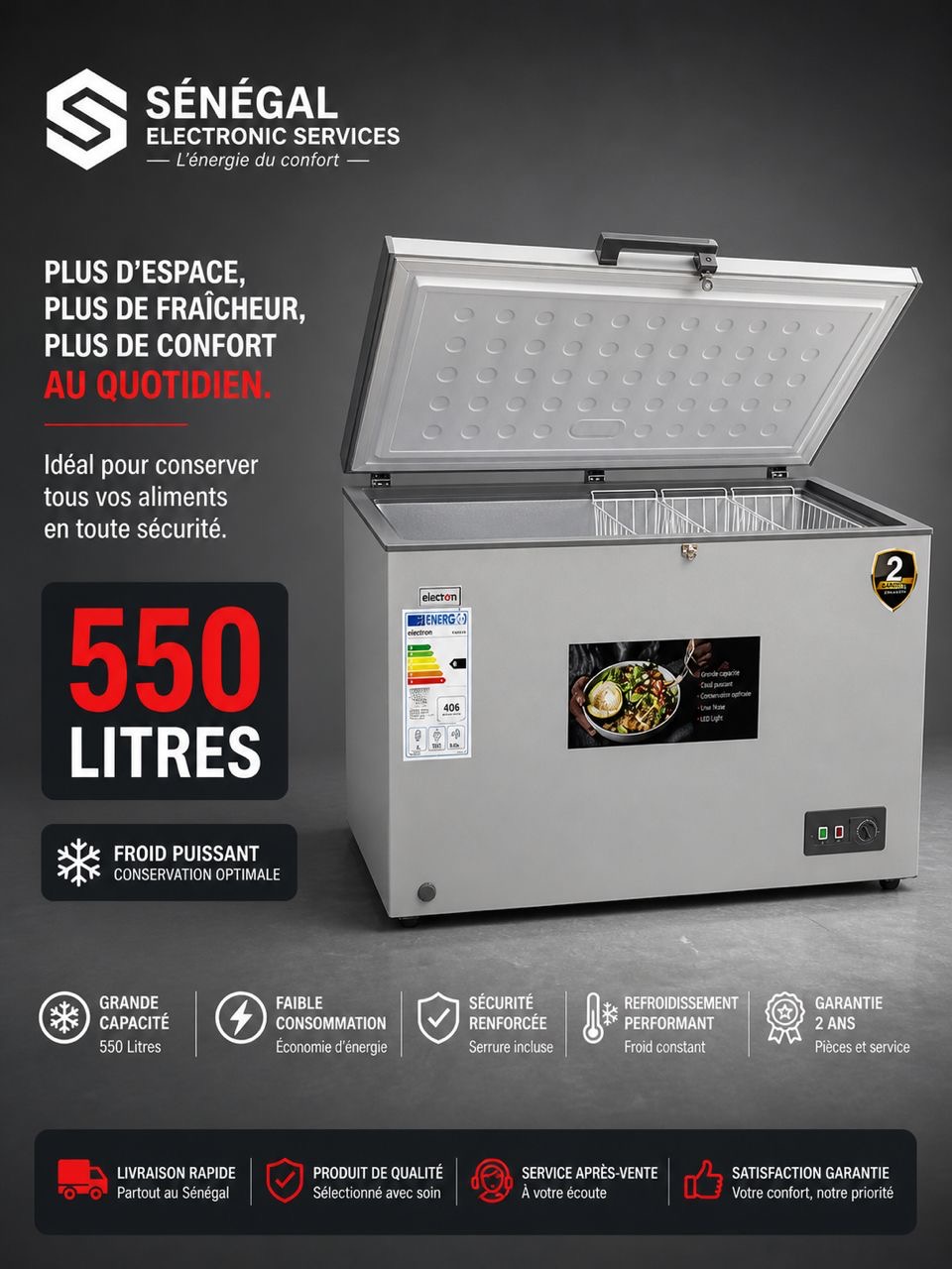 Congélateur horizontal  – 550 Litres, Garantie 24 Mois